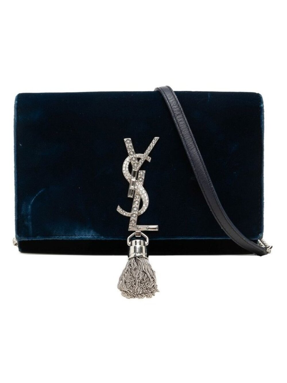 Saint Laurent YSL Logo Kate Chain Shoulder Bag Navy Silver Velour Rhinestone
